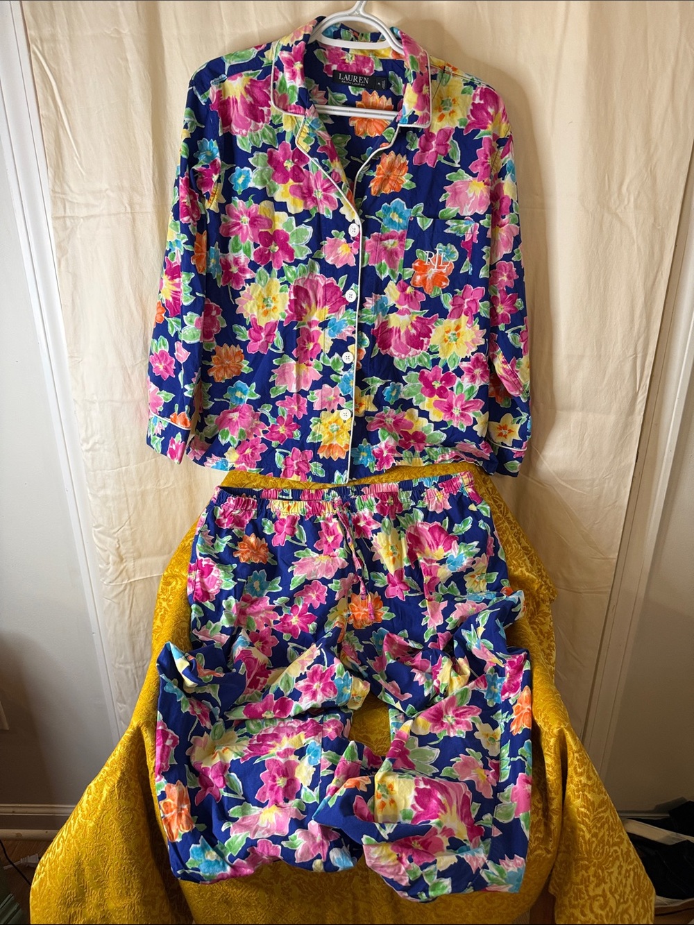 Lauren Ralph Lauren Black Label Cotton Pajama Set with Pink & Yellow Blooms